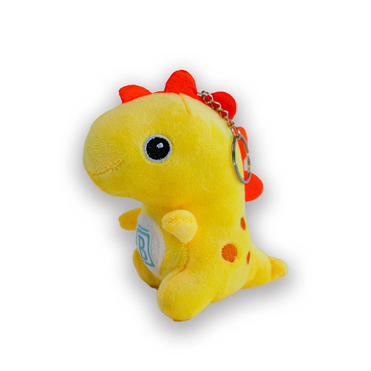 A collection of four plush dinosaur keychains in red, yellow, green, and blue, each with a 'B' logo on their chest.