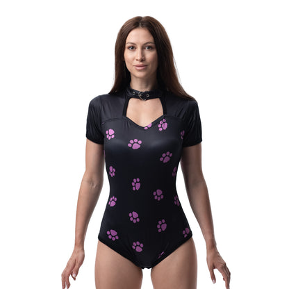 Ciao Bella Miao adult onesie, black with pink paw prints