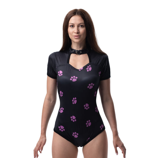 Ciao Bella Miao adult onesie, black with pink paw prints