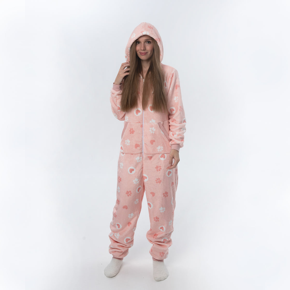 Ciao Bella Miao Bella pink fleece pajama onesie with paw and heart print, photo 3