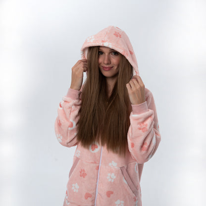Ciao Bella Miao Bella pink fleece pajama onesie with paw and heart print, photo 2