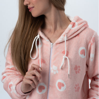 Ciao Bella Miao Bella pink fleece pajama onesie with paw and heart print, photo 4