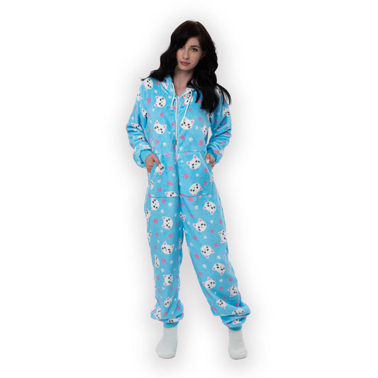 Ciao Bella Miao Bella blue fleece pajama onesie with kitty print