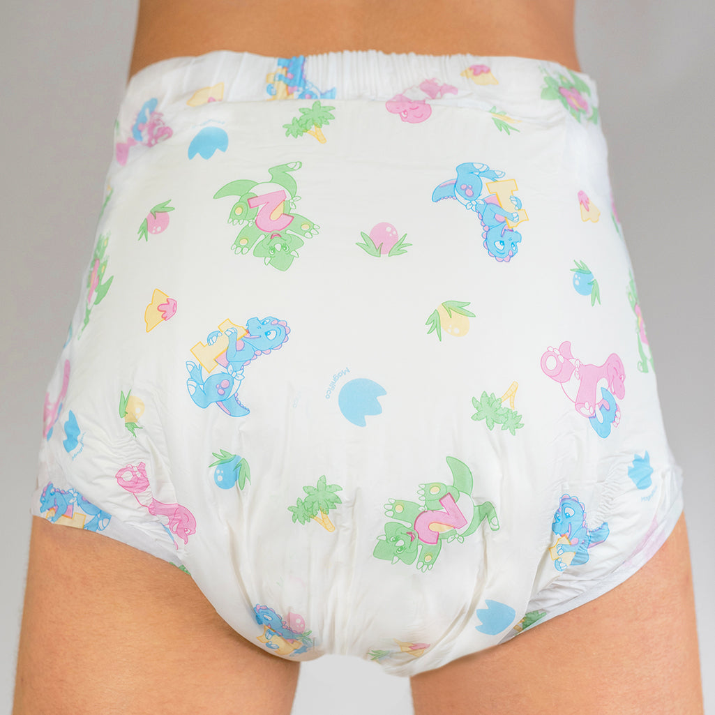 Bambino Magnifico all-over dino print adult diaper, back view