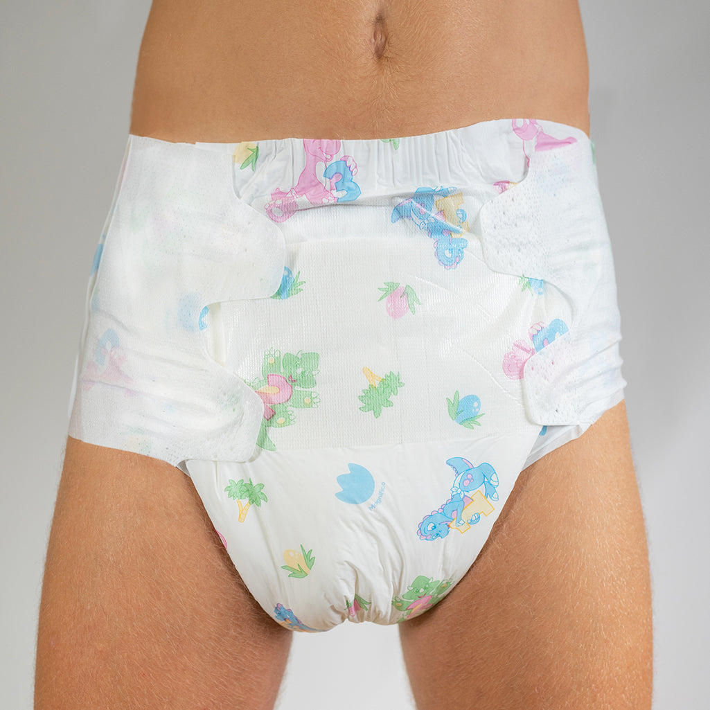 Bambino Magnifico all-over dino print adult diaper, front view