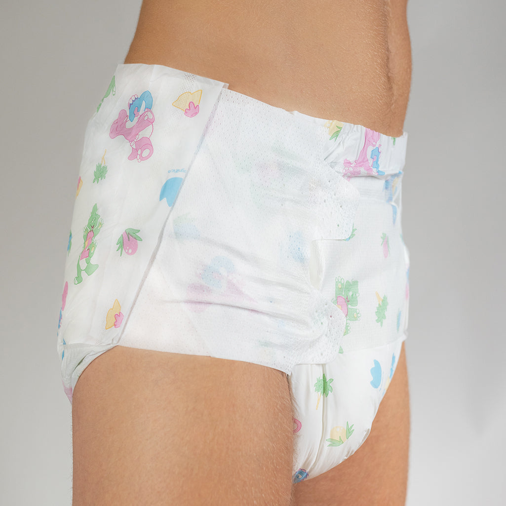 Bambino Magnifico all-over dino print adult diaper, side view