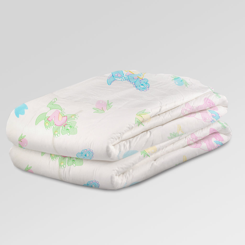 Bambino Magnifico all-over dino print adult diaper, stack of folded diapers
